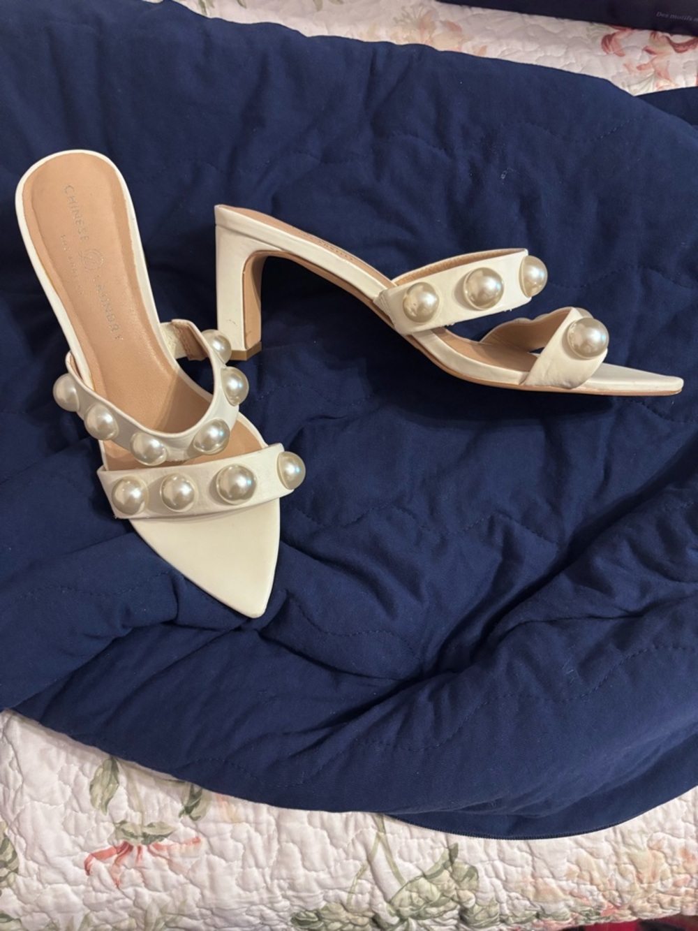 Chinese Laundry Cream Pearl-Embellished Midi Heel Mules